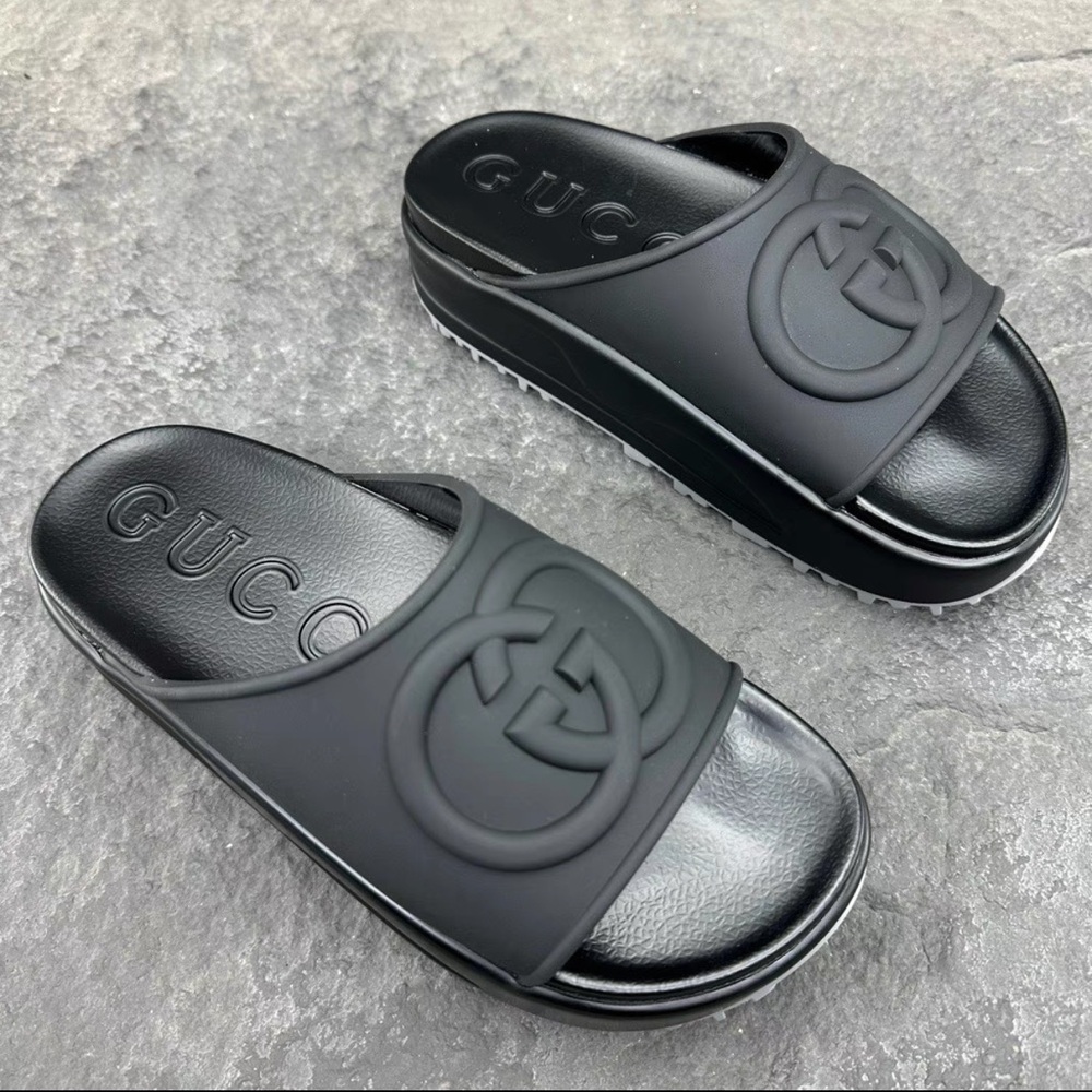 Gucci Black Platform Logo Slide Sandals